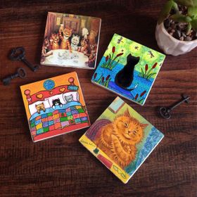 Pinecone 4 Parça Set 10x10 cm Stone Coasters Kedi Louis Wain Kediler Taş Bardak Altlığı Masaüstü Koruyucu Altlık