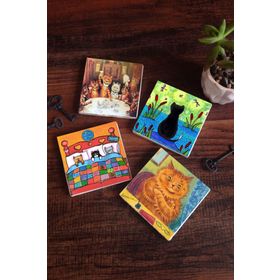 Pinecone 4 Parça Set 10x10 cm Stone Coasters Kedi Louis Wain Kediler Taş Bardak Altlığı Masaüstü Koruyucu Altlık