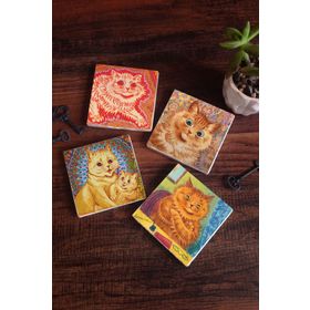 Pinecone 4 Parça Set 10x10 cm Stone Coasters Kedi Louis Wain Kediler Taş Bardak Altlığı Masaüstü Koruyucu Altlık