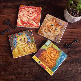 Pinecone 4 Parça Set 10x10 cm Stone Coasters Kedi Louis Wain Kediler Taş Bardak Altlığı Masaüstü Koruyucu Altlık