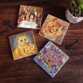 Pinecone 4 Parça Set 10x10 cm Stone Coasters Kedi Louis Wain Kediler Taş Bardak Altlığı Masaüstü Koruyucu Altlık