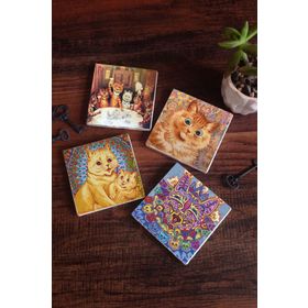 Pinecone 4 Parça Set 10x10 cm Stone Coasters Kedi Louis Wain Kediler Taş Bardak Altlığı Masaüstü Koruyucu Altlık