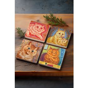 Pinecone 4 Parça Set 10x10 cm Stone Coasters Kedi Louis Wain Kediler Taş Bardak Altlığı Masaüstü Koruyucu Altlık