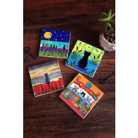 Pinecone 4 Parça Set 10X10 cm Stone Coasters Kedi Taş Bardak Altlığı Masaüstü Koruyucu Altlık