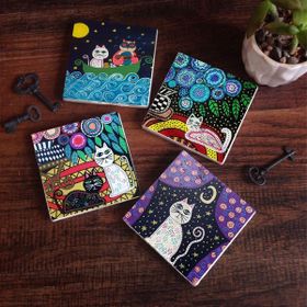 Pinecone 4 Parça Set 10X10 cm Stone Coasters Kedi Taş Bardak Altlığı Masaüstü Koruyucu Altlık