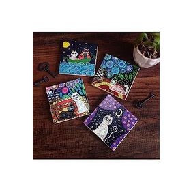 Pinecone 4 Parça Set 10X10 cm Stone Coasters Kedi Taş Bardak Altlığı Masaüstü Koruyucu Altlık