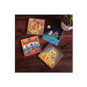Pinecone 4 Parça Set 10X10 cm Stone Coasters Kedi Taş Bardak Altlığı Masaüstü Koruyucu Altlık