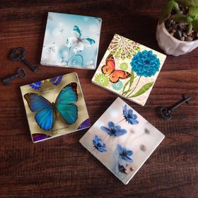 Pinecone 4 Parça Set 10X10 cm Stone Coasters Kelebek Taş Bardak Altlığı Masaüstü Koruyucu Altlık