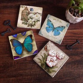 Pinecone 4 Parça Set 10X10 cm Stone Coasters Kelebek Taş Bardak Altlığı Masaüstü Koruyucu Altlık