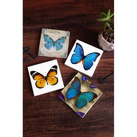 Pinecone 4 Parça Set 10X10 cm Stone Coasters Kelebek Taş Bardak Altlığı Masaüstü Koruyucu Altlık