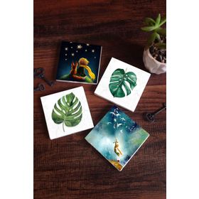 Pinecone 4 Parça Set 10x10 cm Stone Coasters Küçük Prens, Yaprak Taş Bardak Altlığı Masaüstü Koruyucu Altlık