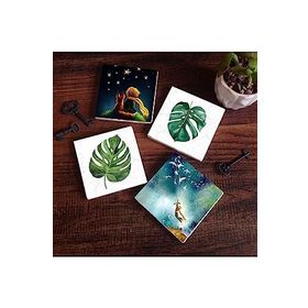 Pinecone 4 Parça Set 10x10 cm Stone Coasters Küçük Prens, Yaprak Taş Bardak Altlığı Masaüstü Koruyucu Altlık
