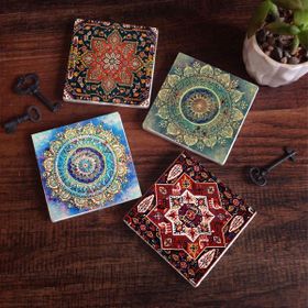 Pinecone 4 Parça Set 10X10 cm Stone Coasters Mandala Desen Taş Bardak Altlığı Masaüstü Koruyucu Altlık