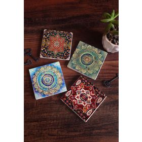 Pinecone 4 Parça Set 10X10 cm Stone Coasters Mandala Desen Taş Bardak Altlığı Masaüstü Koruyucu Altlık