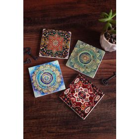 Pinecone 4 Parça Set 10X10 cm Stone Coasters Mandala Desen Taş Bardak Altlığı Masaüstü Koruyucu Altlık