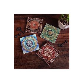 Pinecone 4 Parça Set 10X10 cm Stone Coasters Mandala Desen Taş Bardak Altlığı Masaüstü Koruyucu Altlık