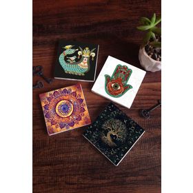 Pinecone 4 Parça Set 10x10 cm Stone Coasters Mandala Fatma Ana Eli Hamsa Hayat Ağacı Şahmeran Masaüstü Koruyucu Altlık