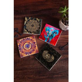 Pinecone 4 Parça Set 10x10 cm Stone Coasters Mandala Fil Horus'un Gözü Sri Yantra Masaüstü Koruyucu Altlık