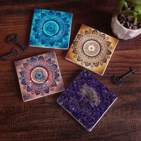 Pinecone 4 Parça Set 10X10 cm Stone Coasters Mandala Hayat Ağacı Taş Bardak Altlığı Masaüstü Koruyucu Altlık