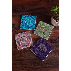 Pinecone 4 Parça Set 10X10 cm Stone Coasters Mandala Hayat Ağacı Taş Bardak Altlığı Masaüstü Koruyucu Altlık