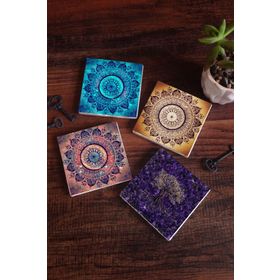 Pinecone 4 Parça Set 10X10 cm Stone Coasters Mandala Hayat Ağacı Taş Bardak Altlığı Masaüstü Koruyucu Altlık