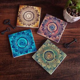 Pinecone 4 Parça Set 10X10 cm Stone Coasters Mandala Hayat Ağacı Taş Bardak Altlığı Masaüstü Koruyucu Altlık