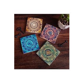 Pinecone 4 Parça Set 10X10 cm Stone Coasters Mandala Hayat Ağacı Taş Bardak Altlığı Masaüstü Koruyucu Altlık