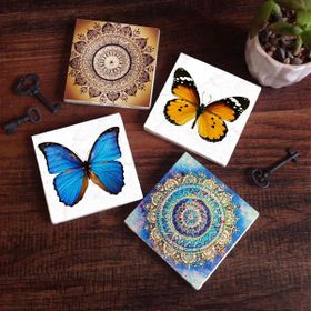 Pinecone 4 Parça Set 10X10 cm Stone Coasters Mandala Kelebek Taş Bardak Altlığı Masaüstü Koruyucu Altlık