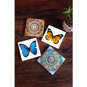 Pinecone 4 Parça Set 10X10 cm Stone Coasters Mandala Kelebek Taş Bardak Altlığı Masaüstü Koruyucu Altlık