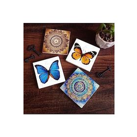 Pinecone 4 Parça Set 10X10 cm Stone Coasters Mandala Kelebek Taş Bardak Altlığı Masaüstü Koruyucu Altlık