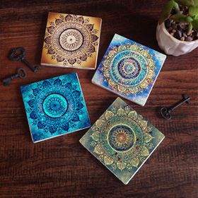 Pinecone 4 Parça Set 10X10 cm Stone Coasters Mandala Taş Bardak Altlığı Masaüstü Koruyucu Altlık