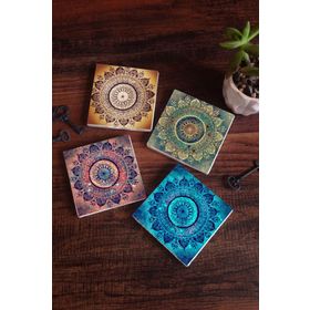 Pinecone 4 Parça Set 10X10 cm Stone Coasters Mandala Taş Bardak Altlığı Masaüstü Koruyucu Altlık