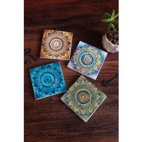 Pinecone 4 Parça Set 10X10 cm Stone Coasters Mandala Taş Bardak Altlığı Masaüstü Koruyucu Altlık