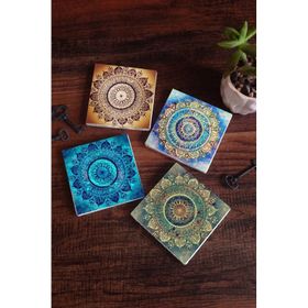 Pinecone 4 Parça Set 10X10 cm Stone Coasters Mandala Taş Bardak Altlığı Masaüstü Koruyucu Altlık
