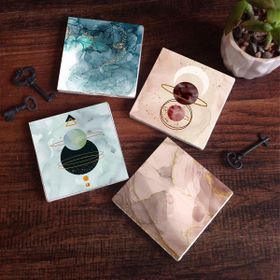 Pinecone 4 Parça Set 10x10 cm Stone Coasters Minimalist Soyut Sanat Taş Bardak Altlığı Masaüstü Koruyucu Altlık