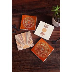 Pinecone 4 Parça Set 10x10 cm Stone Coasters Minimalist Soyut Sri Yantra Mandala Taş Bardak Altlığı Masaüstü Koruyucu Altlık