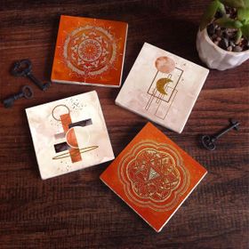 Pinecone 4 Parça Set 10x10 cm Stone Coasters Minimalist Soyut Sri Yantra Mandala Taş Bardak Altlığı Masaüstü Koruyucu Altlık