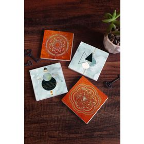 Pinecone 4 Parça Set 10x10 cm Stone Coasters Minimalist Soyut Sri Yantra Mandala Taş Bardak Altlığı Masaüstü Koruyucu Altlık