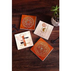 Pinecone 4 Parça Set 10x10 cm Stone Coasters Minimalist Soyut Sri Yantra Mandala Taş Bardak Altlığı Masaüstü Koruyucu Altlık