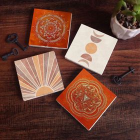 Pinecone 4 Parça Set 10x10 cm Stone Coasters Minimalist Soyut Sri Yantra Mandala Taş Bardak Altlığı Masaüstü Koruyucu Altlık