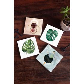 Pinecone 4 Parça Set 10x10 cm Stone Coasters Minimalist Soyut Yaprak Taş Bardak Altlığı Masaüstü Koruyucu Altlık