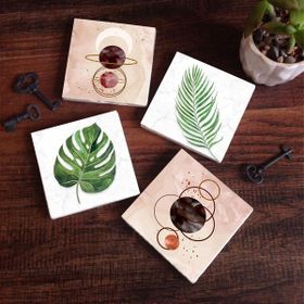 Pinecone 4 Parça Set 10x10 cm Stone Coasters Minimalist Soyut Yaprak Taş Bardak Altlığı Masaüstü Koruyucu Altlık