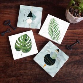 Pinecone 4 Parça Set 10x10 cm Stone Coasters Minimalist Soyut Yaprak Taş Bardak Altlığı Masaüstü Koruyucu Altlık