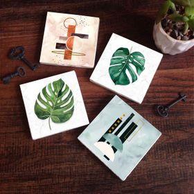Pinecone 4 Parça Set 10x10 cm Stone Coasters Minimalist Soyut Yaprak Taş Bardak Altlığı Masaüstü Koruyucu Altlık