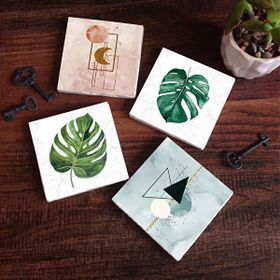 Pinecone 4 Parça Set 10x10 cm Stone Coasters Minimalist Soyut Yaprak Taş Bardak Altlığı Masaüstü Koruyucu Altlık