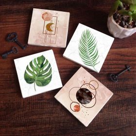 Pinecone 4 Parça Set 10x10 cm Stone Coasters Minimalist Soyut Yaprak Taş Bardak Altlığı Masaüstü Koruyucu Altlık