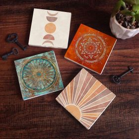 Pinecone 4 Parça Set 10x10 cm Stone Coasters Minimalist Soyut Yaşam Çiçeği Mandala Taş Bardak Altlığı Masaüstü Koruyucu Altlık