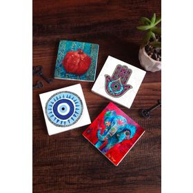 Pinecone 4 Parça Set 10x10 cm Stone Coasters Nazar Fil Fatma Ana Eli (Hamsa) Nar Taş Masaüstü Koruyucu Altlık