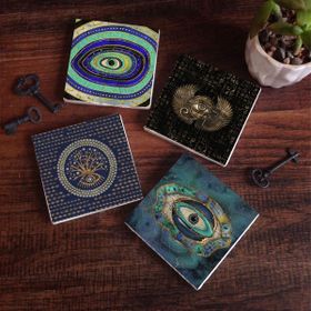 Pinecone 4 Parça Set 10x10 cm Stone Coasters Nazar Horus'un Gözü Sri Yantra Taş Bardak Altlığı Masaüstü Koruyucu Altlık