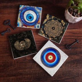 Pinecone 4 Parça Set 10x10 cm Stone Coasters Nazar Horus'un Gözü Sri Yantra Taş Bardak Altlığı Masaüstü Koruyucu Altlık